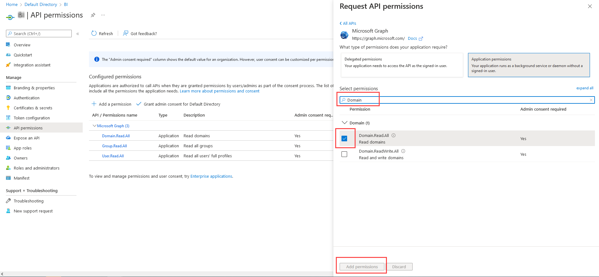 Azure add domain permission to read all groups screenshot