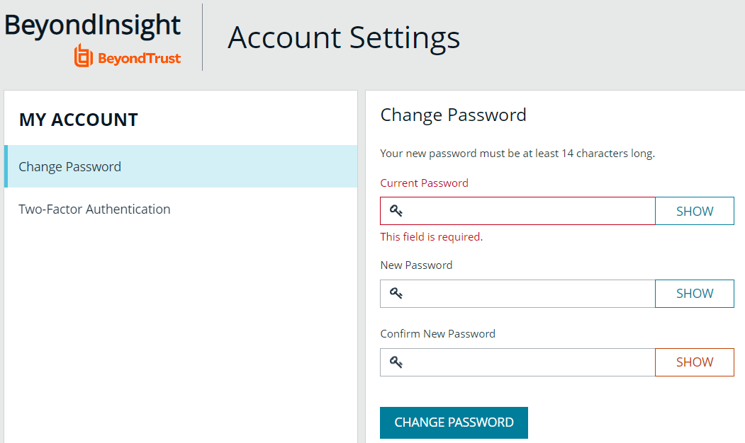 Change Password form on the Account Settings page in the BeyondInsight Console.