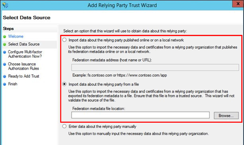 Image of the Select Data Source screen in Add Relying Party Trust Wizard