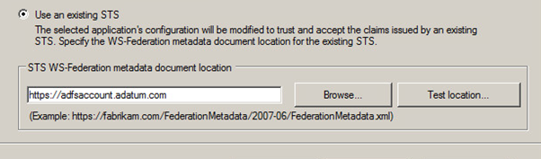 Image of the Claims Aware SAML STS WS Federation Metadata Document Location Option