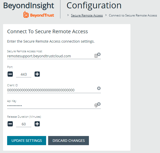 Screenshot of the Connect To Secure Remote Access Configuration page in BeyondInsight.
