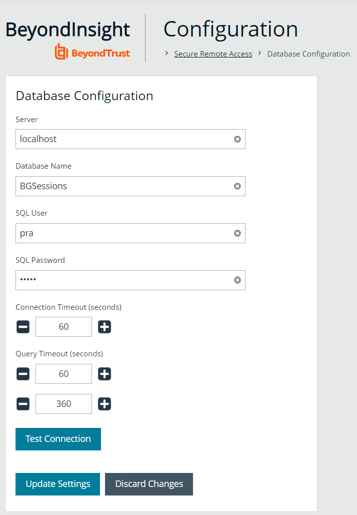Configure the Secure Remote Access Appliance Database in BeyondInsight