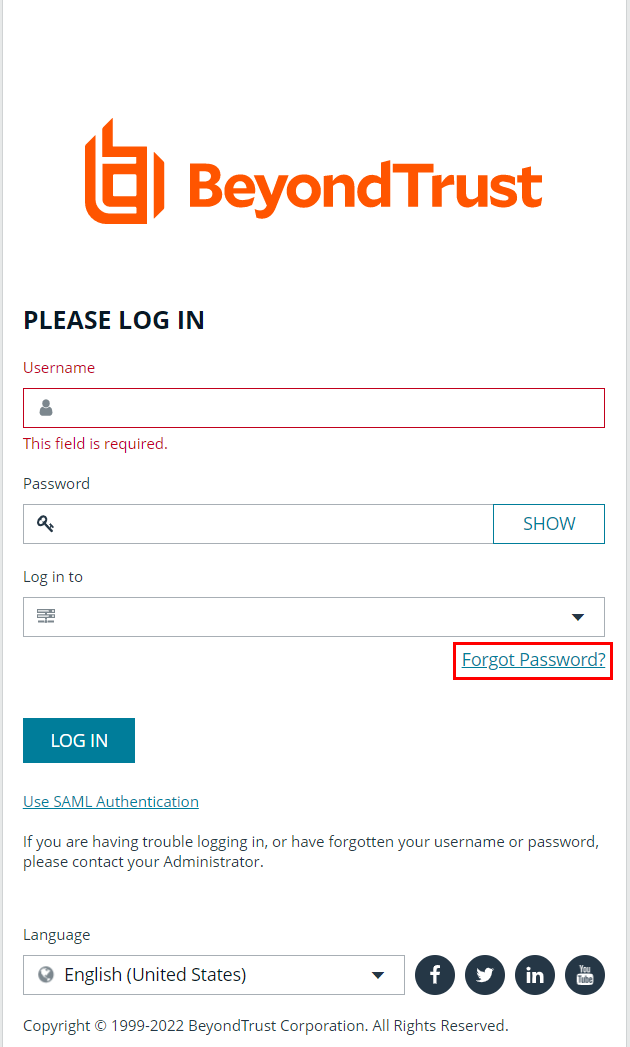 BeyondInsight Log In window highlighting the Forgot Password link