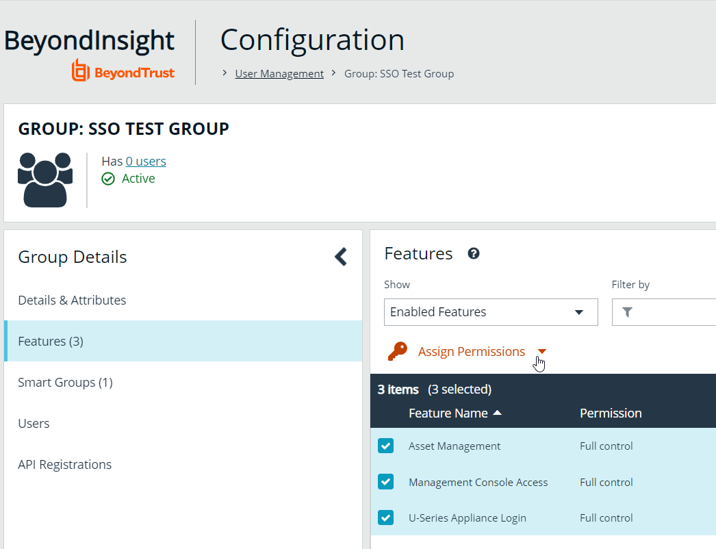 Assign Features Permissions to Group in BeyondInsight