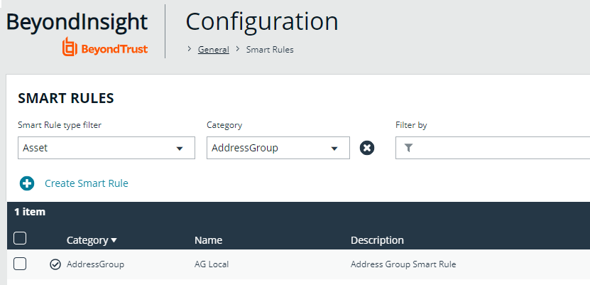 Smart Rules page showing newly created Smart Group for the Address Group