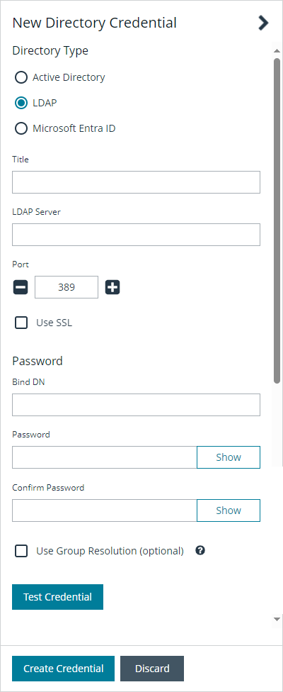 New Directory Credential window with LDAP selected for the Directory Type