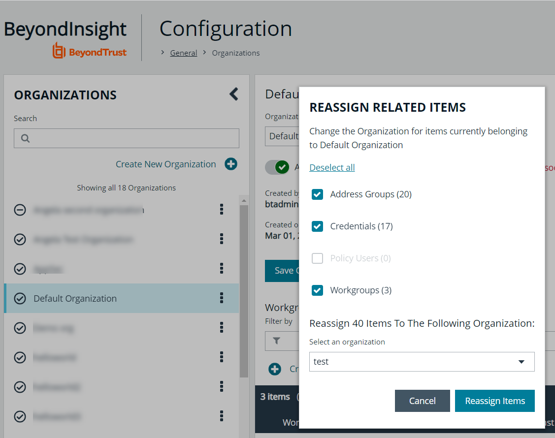 Reassign Related Items from one Organization to another Organization in BeyondInsight