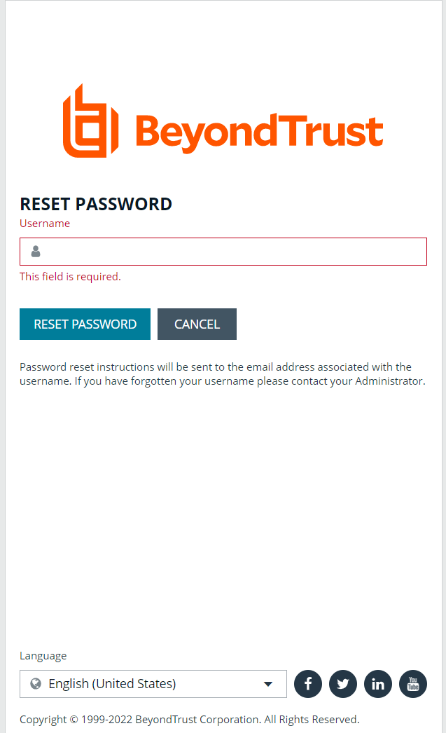 Reset Password page in the BeyondInsight console.