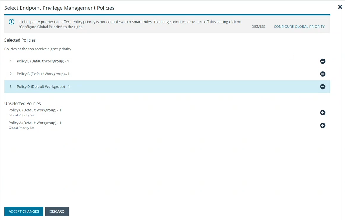 Selecting Endpoint Privilege Management Policies within a Smart Rule with no option to set policy priority.