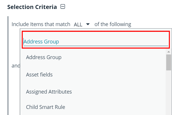 Screenshot of Smart Rule Selection Criteria Filter List