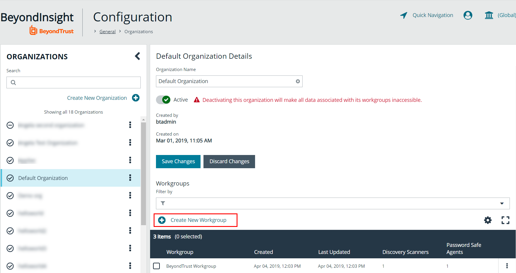 Create New Workgroup within an Organization in BeyondInsight
