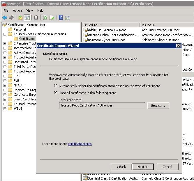 An image of the eEyeEmsCA certificate import in the Event Server configuration.