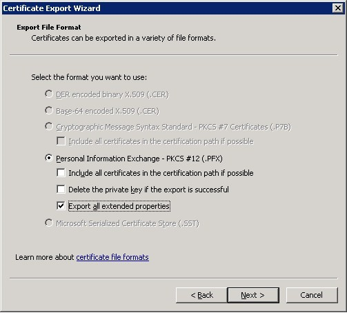 An image of the eEyeEmsClient certificate export in the Event Server configuration.