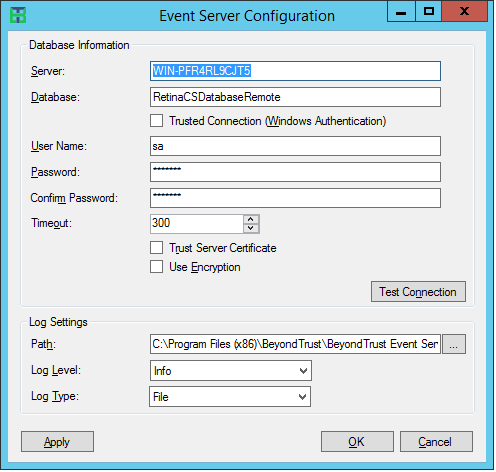 An image of an example database configuration on the Event Server Configuration screen.