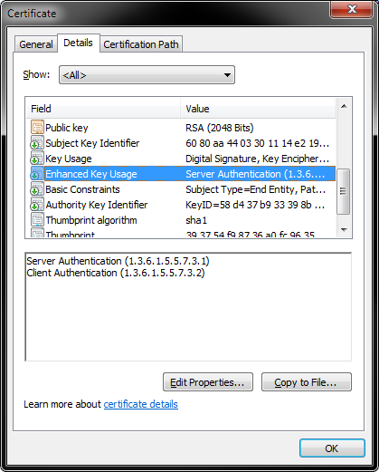 An image of Enhanced Key Usage on the Certificate screen in the Event Server configuration.
