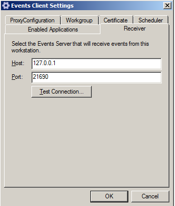 An image of an example Receiver configuration on the Events Client Settings screen.