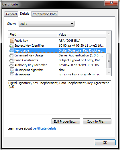 An image of Key Usage on the Certificate screen in the Event Server configuration.