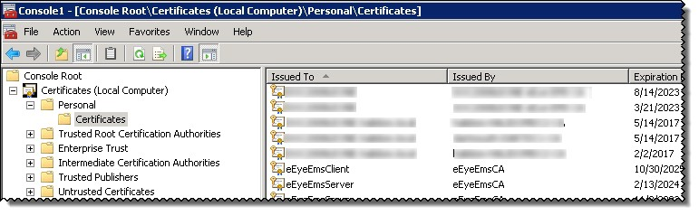 An image of the Personal Certificates location in the Event Server configuration.