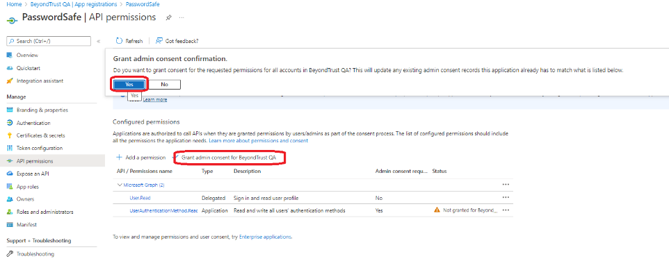 Grant admin consent to the API permissions, and confirm.
