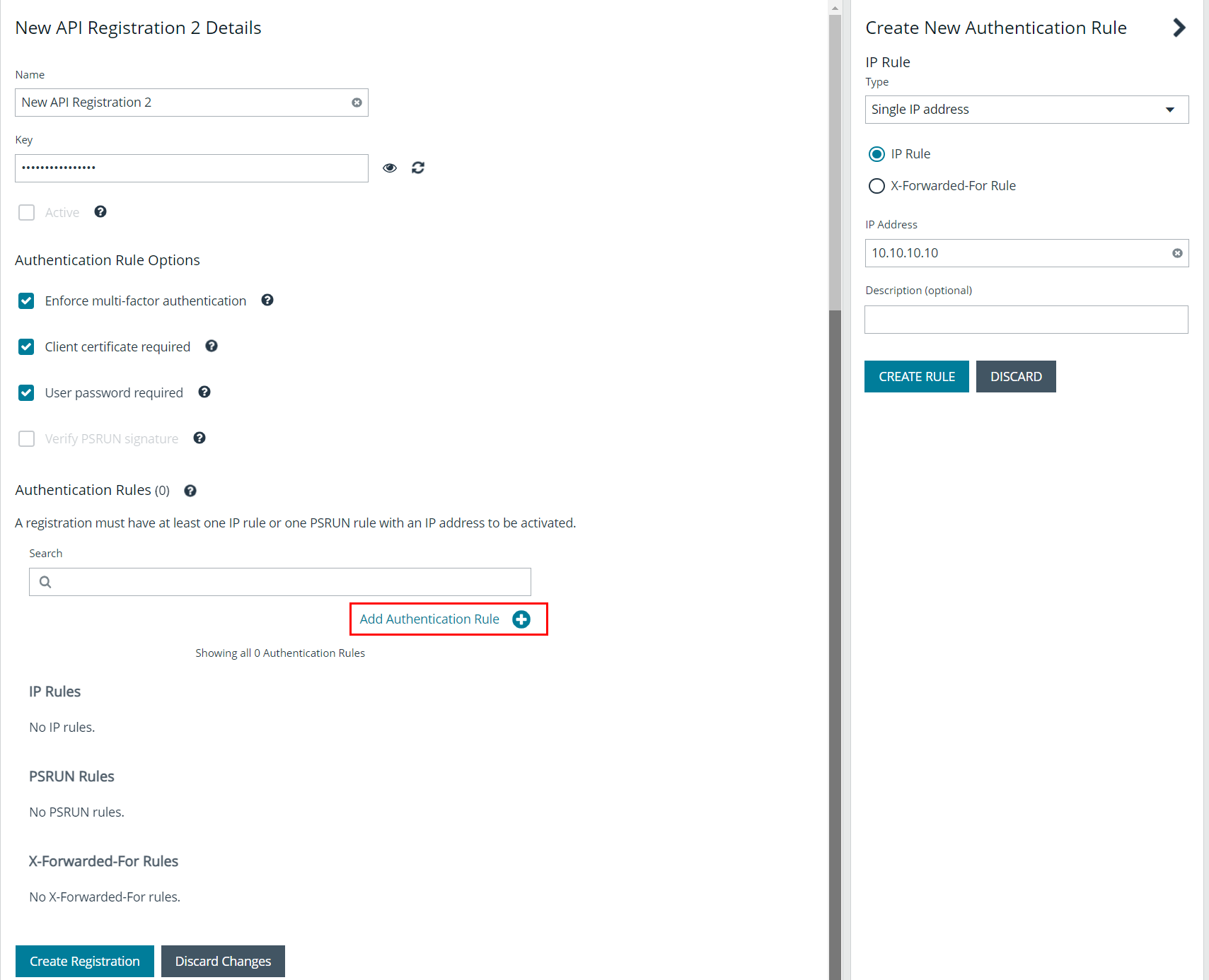 Add Authentication Options and Rules on the API Registration Details page.