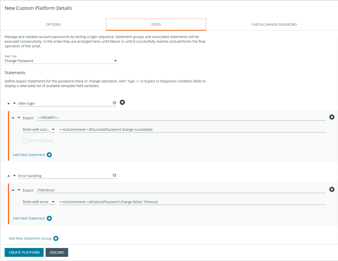 Screenshot of entering expect and response statements on the Steps tab when adding a custom platform.