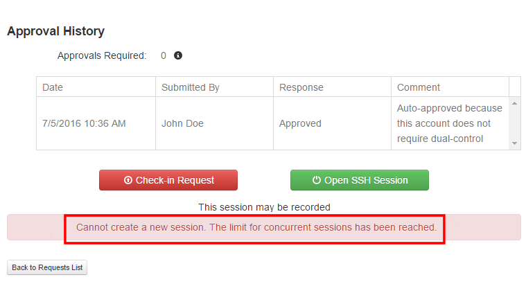 Error message displayed when a user tries to open more sessions than allowed.
