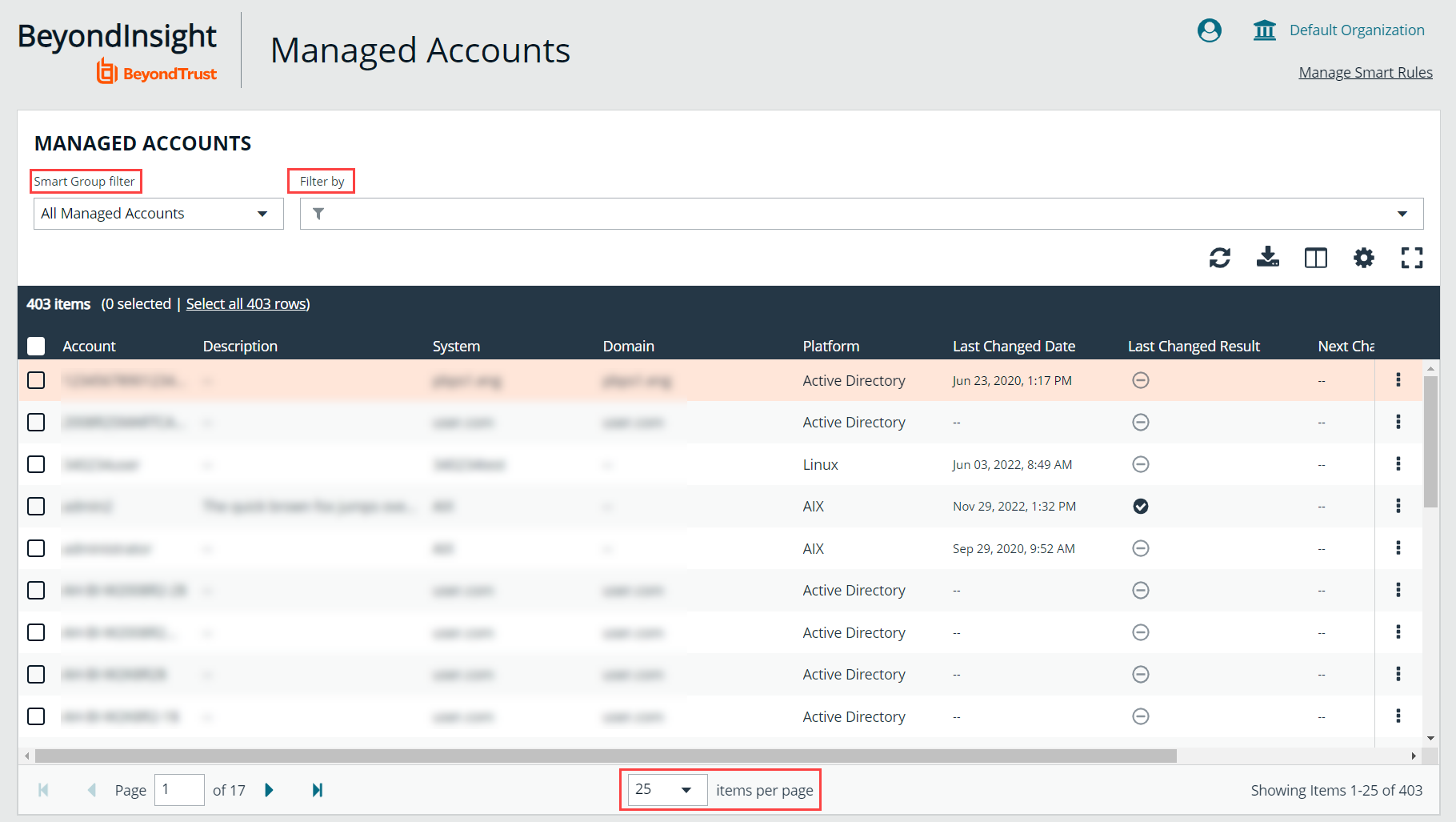 Managed Accounts page highlighting the available filters for the grid.