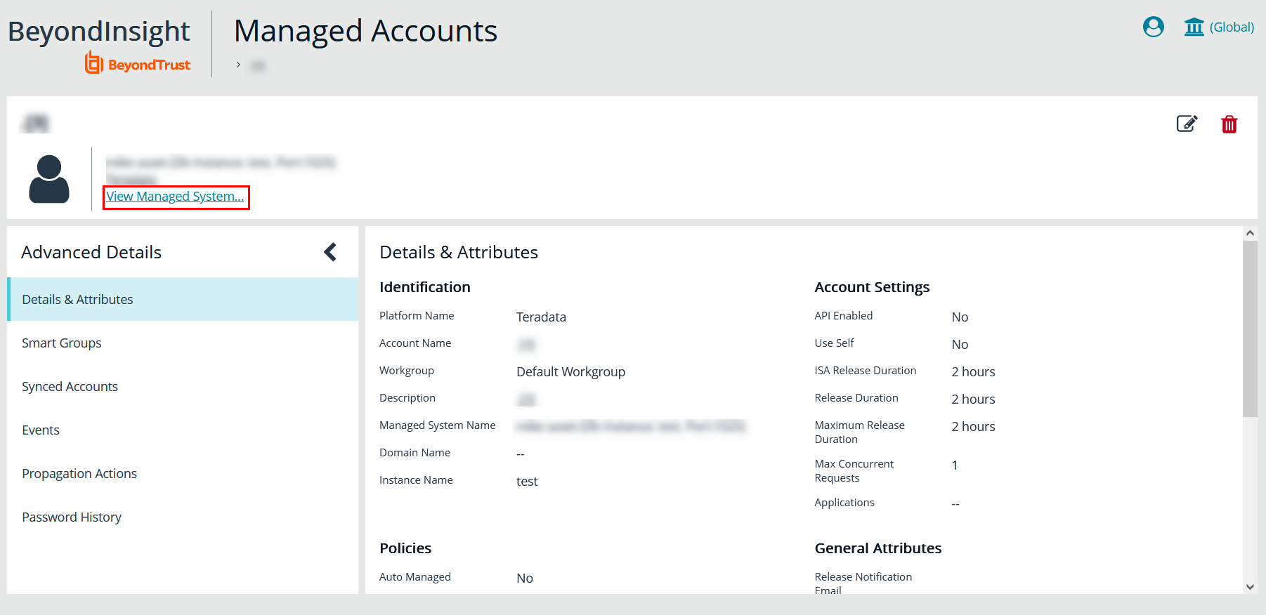Screenshot of the Advanced Details page for a managed account.