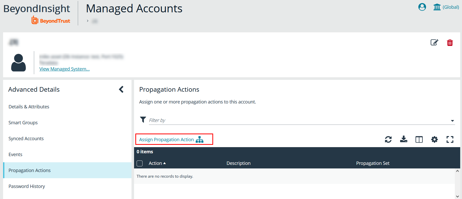 Screenshot of Propagation Actions in the Advananced Details of a Managed Account