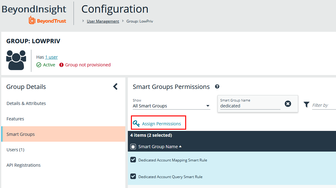 Screenshot of assigining the Smart Groups Permissions for a User Group.