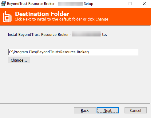 Destination Folder Screen of the BeyondTrust Resource Broker Setup Wizard