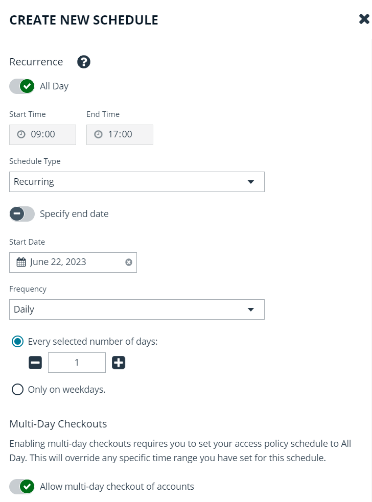 Create Schedule in an Access Policy with daily recurrence set to allow multi-day checkout of accounts.