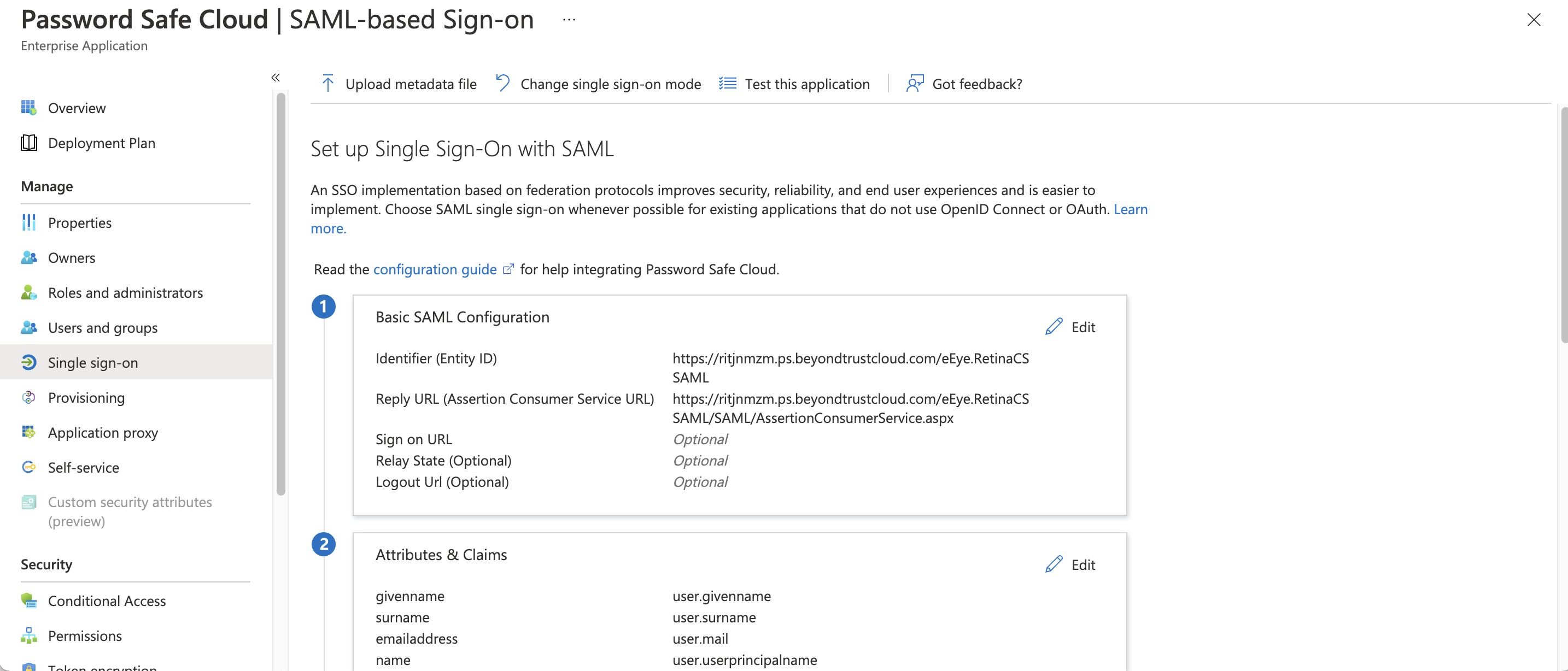 Single sign-on configuration for Password Safe in Entra ID.