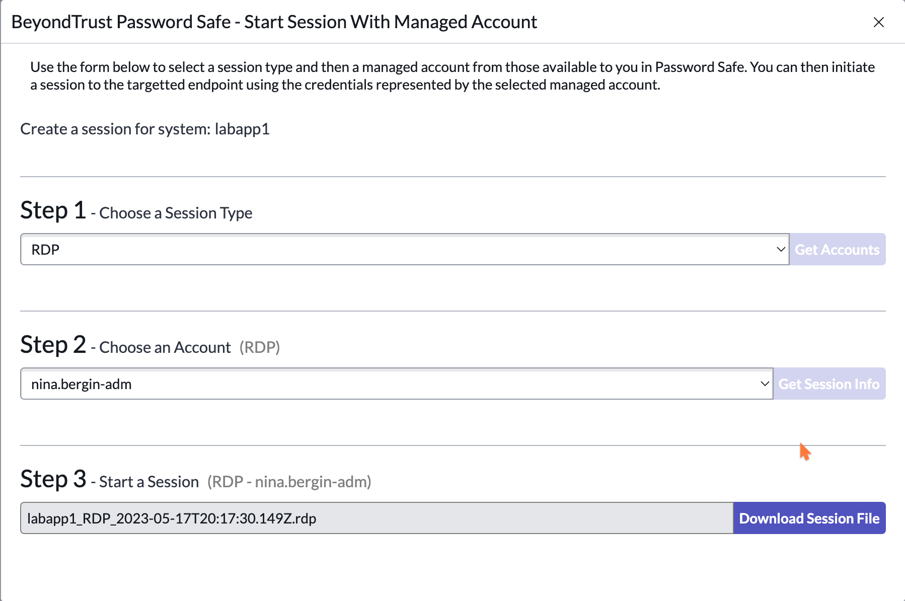 Start RDP session for Password Safe managed account.