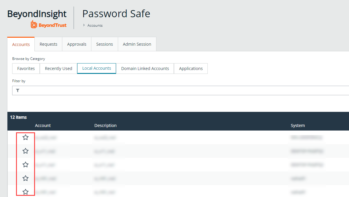 Accounts Grid in the Password Safe Web Portal populated with all local accounts.