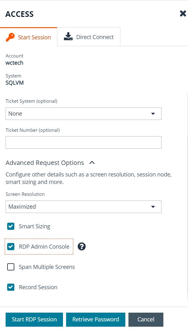 Start Session tab for accessing a managed system in Password Safe