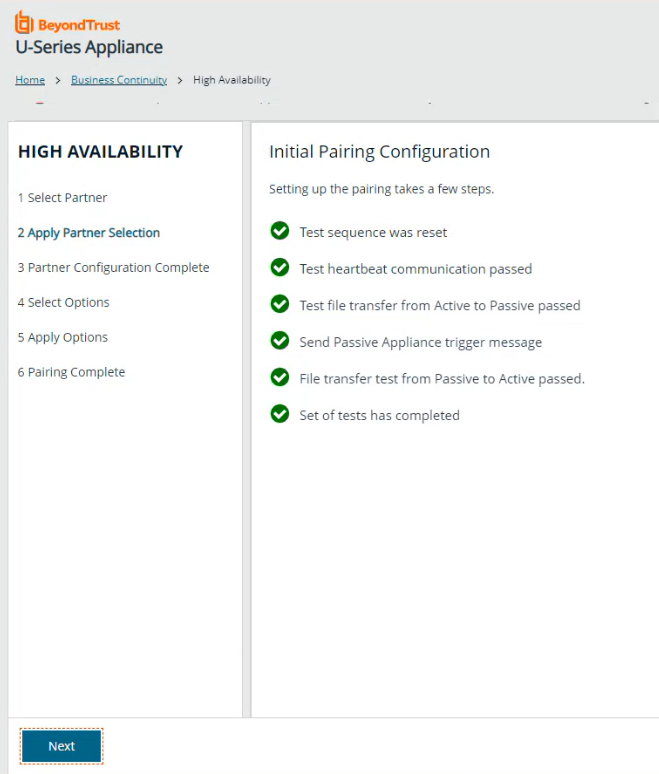 Initial Pairing Configuration screen showing the status of pairing using the High Availability wizard.