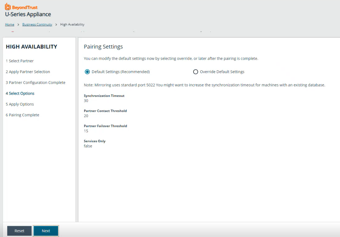 Pairing Settings screen in the High Availability wizard.
