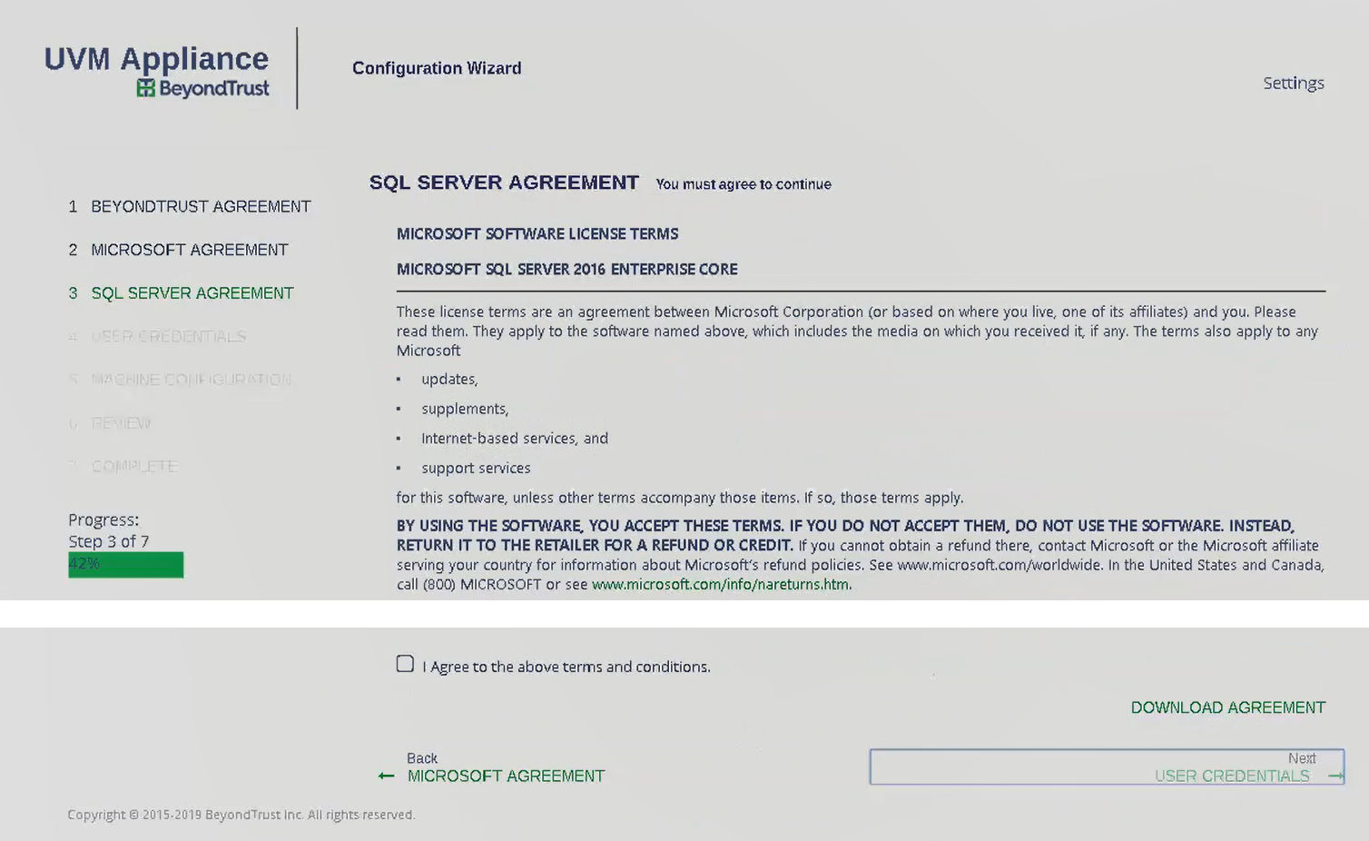 Screenshot of the confirmation area of the SQL Server terms and conditions page