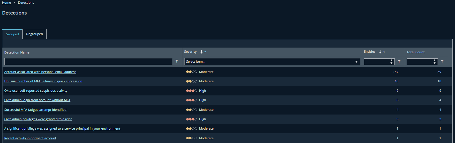 The Detections page, with a list of possible detections displayed.