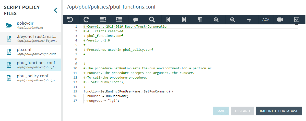 An image of the Script Policy Files editor and available editing options in BeyondInsight for Unix & Linux.