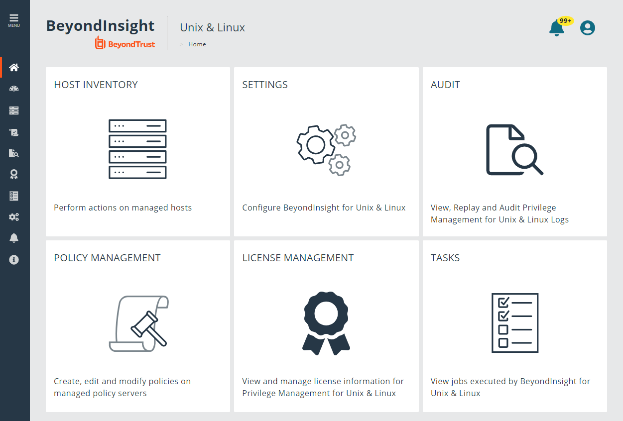View of BeyondInsight for Unix & Linux Home page