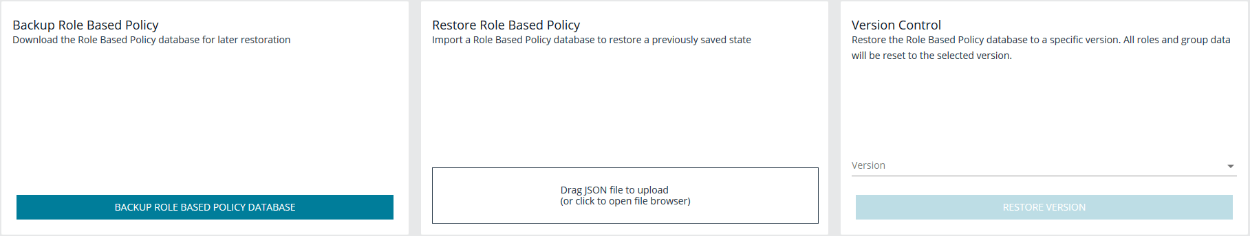 An image of the Role Based Policy Backup and Restore section in BeyondInsight for Unix & Linux.