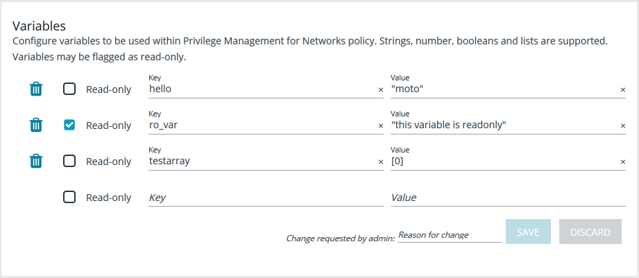 An image of Endpoint Privilege Management for Networks Variable options in  BeyondInsight for Unix & Linux.