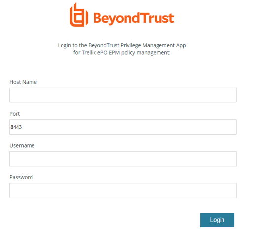 Endpoint Privilege Management ePO extension logon page.