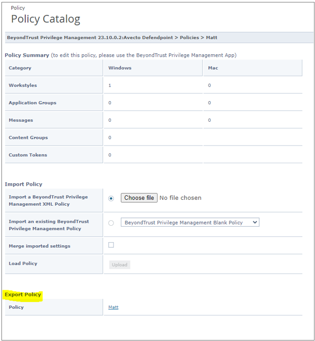 Policy catalog in ePO extension for Endpoint Privilege Management integration.