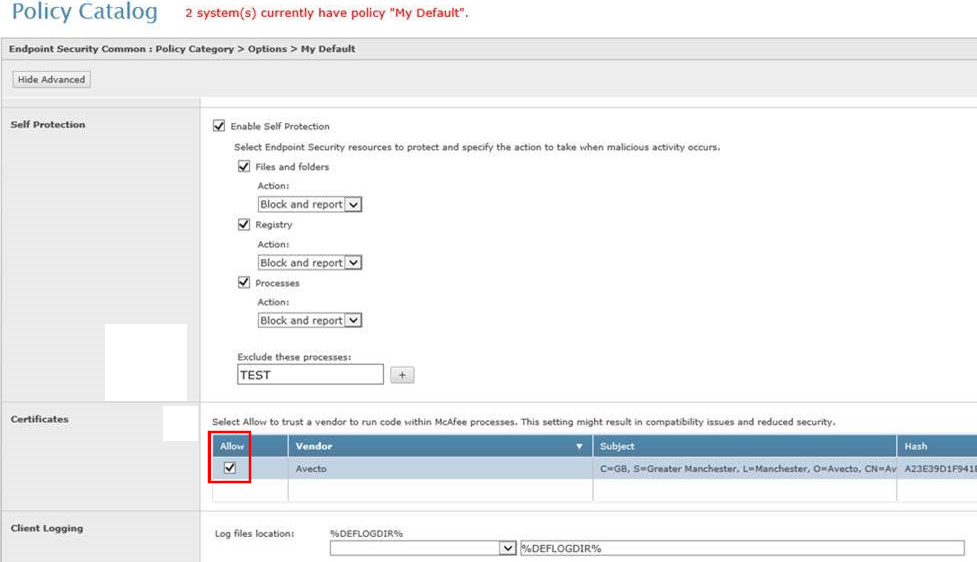 Check the Allow box in the Certificates area to trust vendor applications to run code in McAfee.