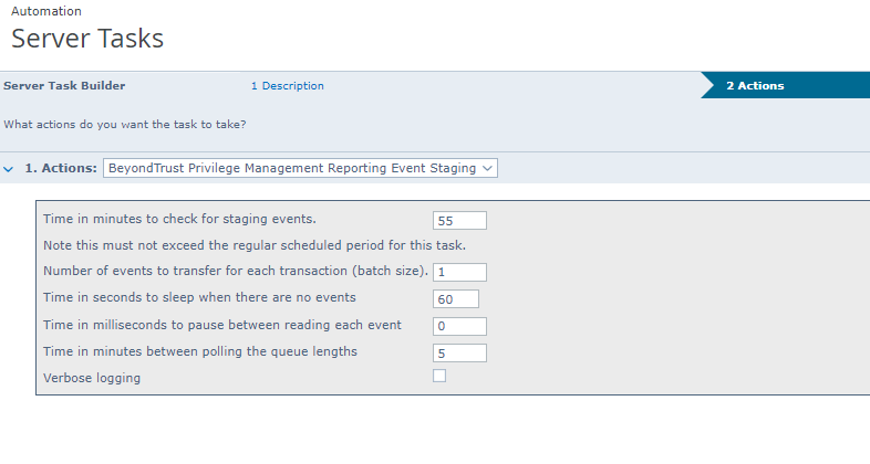 ePO staging server settings. The values shown are, from top to bottom: 55, 1, 60, 0, 5