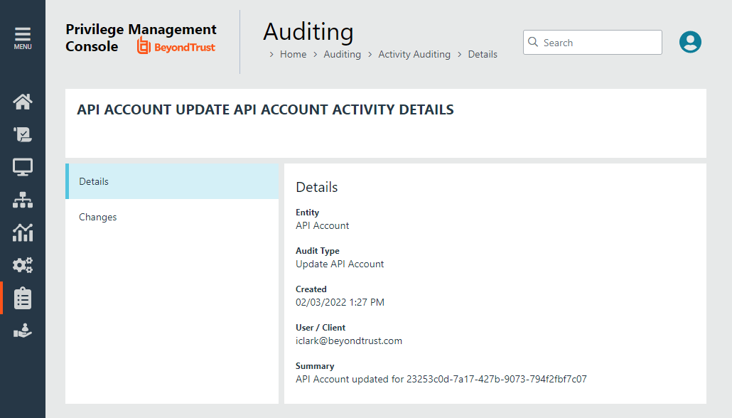 Activity Auditing Details page