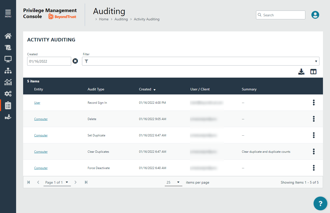 Activity Auditing page and grid